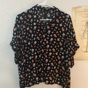 Black Mushroom and Floral button up crop top, size 2XL from Hot Topic